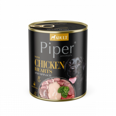 Caini - Piper adult, Hrana umeda, Inimi de pui si spanac 800 g