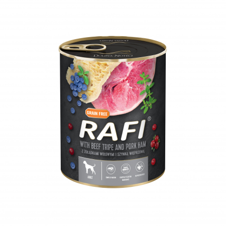 Caini - RAFI hrana umeda pentru caini,  cu Burta de vita si sunca de porc, afine si merisoare 800 g
