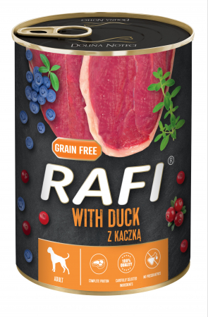 Caini - RAFI hrana umeda pentru caini,  cu rata, afine si merisoare 400 g