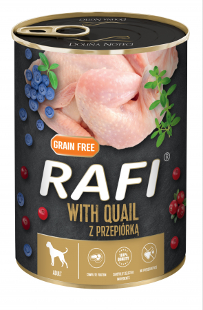 Caini - RAFI hrana umeda pentru caini,  cu prepelita, afine si merisoare 400 g