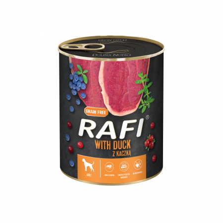 Caini - RAFI hrana umeda pentru caini,  cu rata, afine si merisoare 800 g