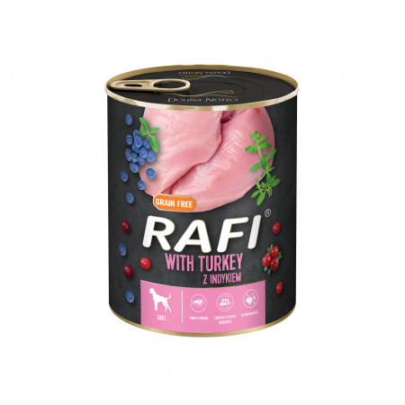 Caini - RAFI hrana umeda pentru caini,  cu curcan, afine si merisoare 800 g
