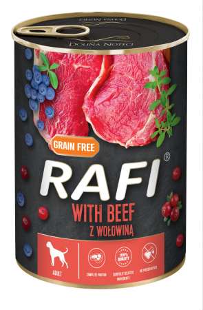 Caini - RAFI hrana umeda pentru caini,  cu vita, afine si merisoare 400 g