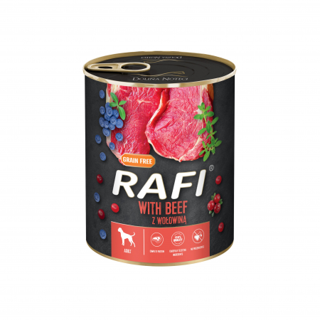 Caini - RAFI hrana umeda pentru caini,  cu vita, afine si merisoare 800 g