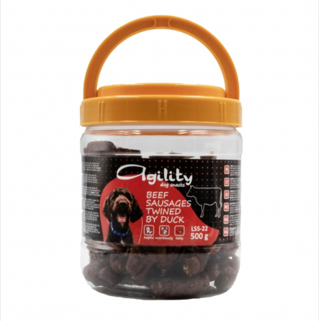 Caini - Recompense delicioase pentru caini Agility LSS-22, carnati de vita impletiti cu rata, 500g