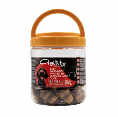 Caini - Recompense delicioase pentru caini Agility LSS-23, carnati de vita impletiti cu pui si rata, 500g