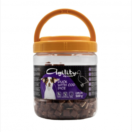 Caini - Recompense delicioase pentru caini Agility LSN-26, cuburi de rata si cod, 500g