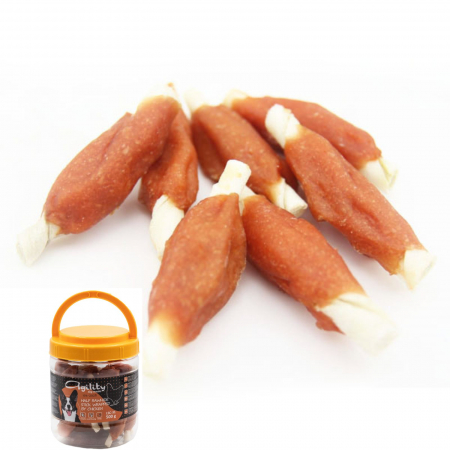 Caini - Recompense delicioase pentru caini Agility, bete din piele cruda infasurate de pui, 500g