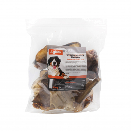 Caini - Recompense delicioase pentru caini Agility, Ureche de vita fara par, 500g
