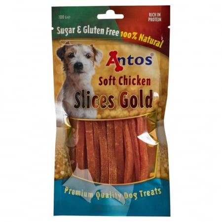 Caini - Recompense pentru caini Antos, Slices Gold, Pui, 100 g