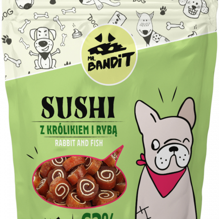 Recompense delicioase - Recompense pentru caini Mr. Bandit SUSHI, iepure si peste, 80g