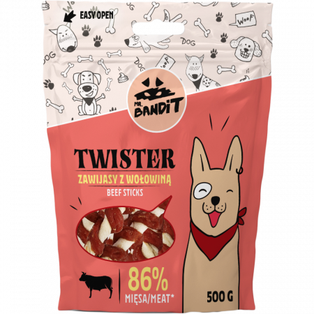 Recompense delicioase - Recompense pentru caini Mr. Bandit TWISTER,vita, 500g