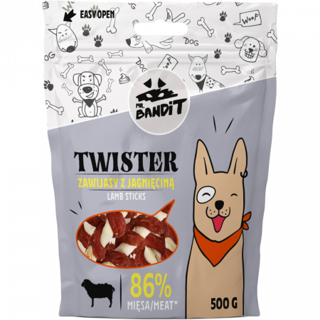 Caini - Recompense pentru caini Mr. Bandit TWISTER, miel, 500g