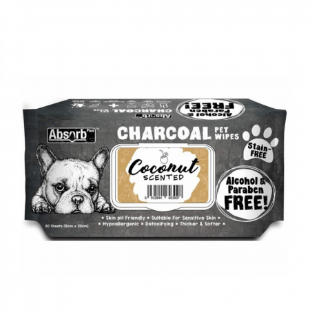 Pisici - Servetele umede pentru animale, Charcoal Pet WET Wipes, Cocos- pachet 80 buc