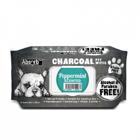Pisici - Servetele umede pentru animale, Charcoal Pet WET Wipes, Peppermint- pachet 80 buc