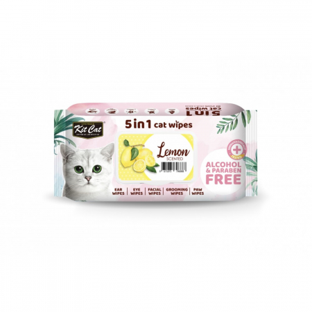 Pisici - Servetele umede pentru pisici, Kit Cat 5in1 Lemon, 80 buc
