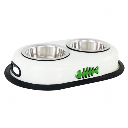 Castroane si boluri pentru apa si mancare - Bol dublu pentru hrană animale cu suport gumat, Agility, diametru bol 12cm, Alb, 200 ml