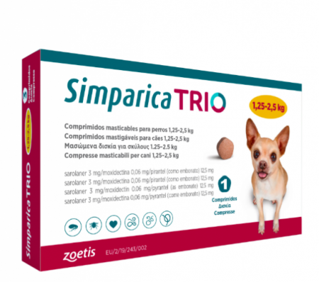 Antiparazitare interne si externe - Simparica Trio Caini 3 mg(1.25 - 2.5 kg) Deparazitare interna si externa, 3 x comprimate masticabile
