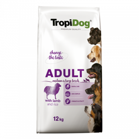 Hrana Uscata Caini - TropiDog, hrana uscata Premium Adult, pentru talie medie si mare, miel & orez, 12 kg