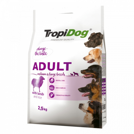 Hrana Uscata Caini - TropiDog, hrana uscata Premium Adult, pentru talie medie si mare, miel & orez, 2.5 kg