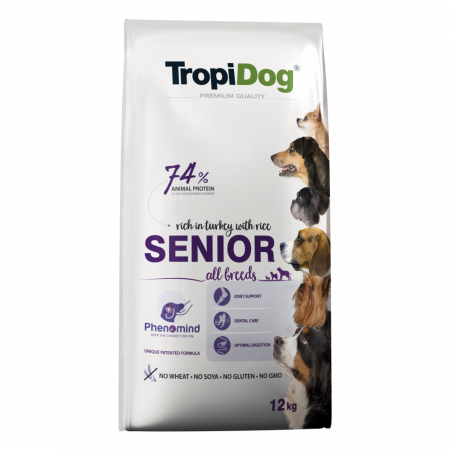 Caini - TropiDog, hrana uscata Premium Senior cu curcan si orez,  12 kg