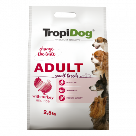 Hrana Uscata Caini - TropiDog, hrana uscata Premium Talie mica cu Curcan si orez,  2.5 kg