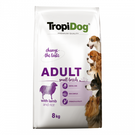 Hrana Uscata Caini - TropiDog, hrana uscata Premium Talie mica cu Miel si orez,  8 kg