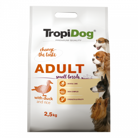 Hrana Uscata Caini - TropiDog, hrana uscata Premium Talie mica cu Rata si orez,  2.5 kg