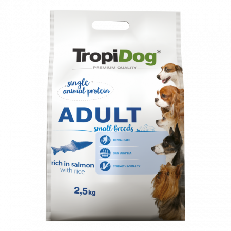 Hrana Uscata Caini - TropiDog, hrana uscata Premium Talie mica cu Somon si orez,  2.5 kg