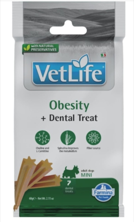 Caini - Farmina Vet Life Dental Treat Obesity este o prăjitură dentară funcțională pentru câini cu vârsta de peste 4 luni, creată pentru a sprijini controlul greutății corporale.