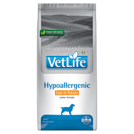 Diete veterinare caini - Vet Life Farmina, Hypoallergenic Fish and Potato caine, 12 kg