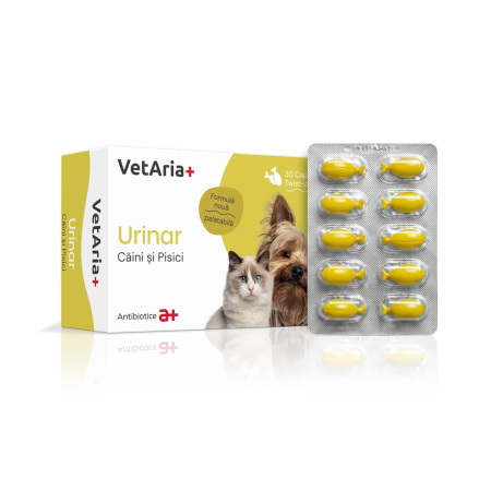 VetAria+ Urinar Câini și pisici, cutie cu 30 capsule twist off, palatabile, cu aromă de pește [0]