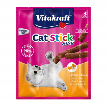 Recompense Delicioase - VITAKRAFT Baton Mini Recompensă pentru Pisici, cu Miel şi Curcan 3 bucăţi, 18g