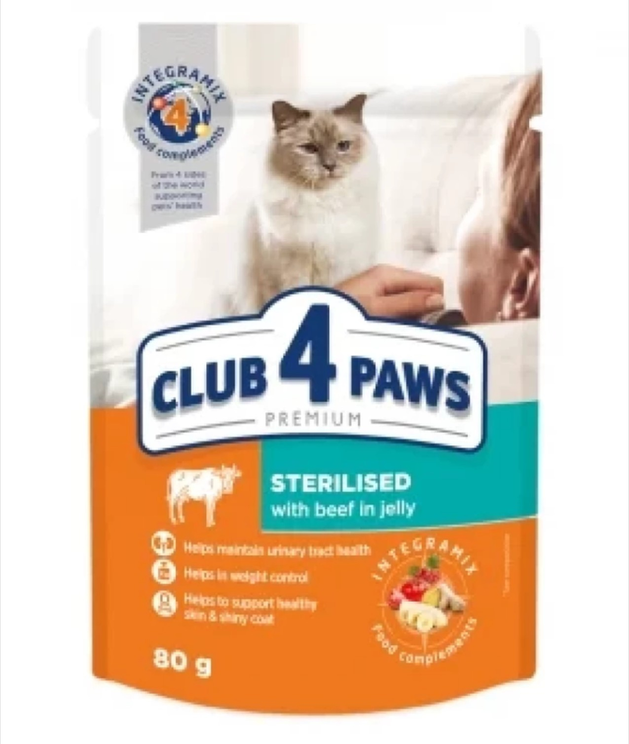 Hrana umeda pisici, CLUB 4 PAWS Premium With beef in jelly for adult sterilised cats, 80 g 85 g