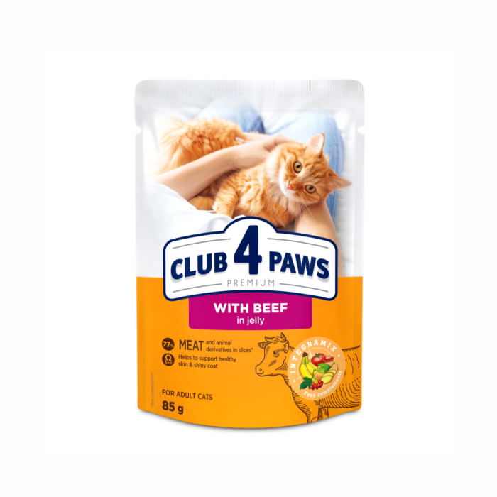 Hrana umeda pisici, CLUB 4 PAWS Premium With beef in jelly for adult cats, 85 g 85 g