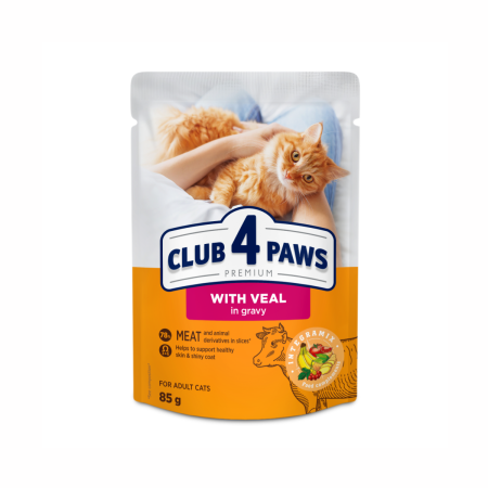 Hrana umeda pisici, CLUB 4 PAWS Premium With veal in gravy for adult cats, 85 g 85 g