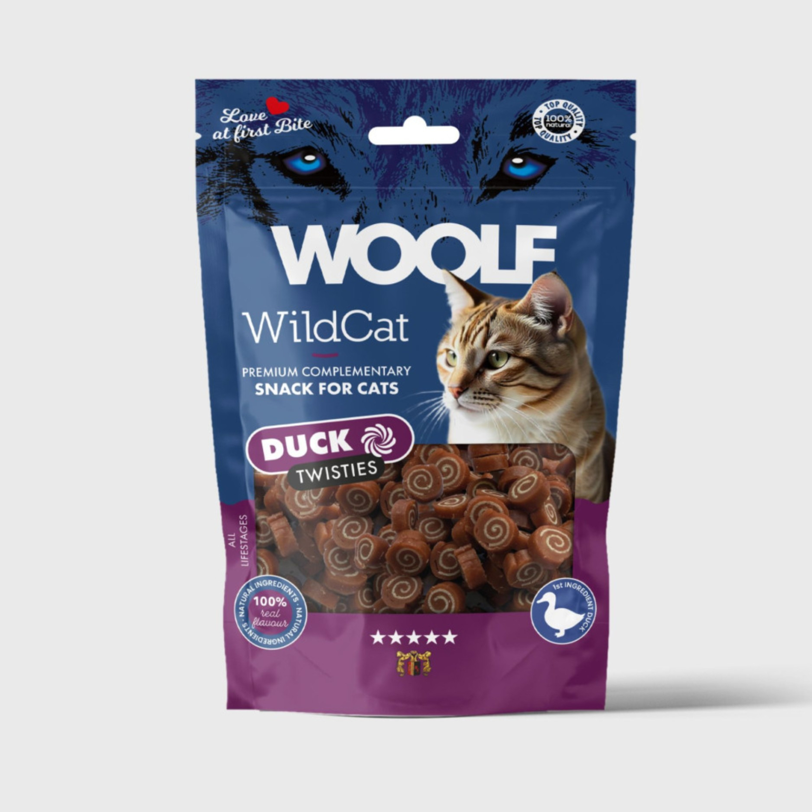 Recompense delicioase pentru pisici, WOOLF WildCat Duck Twisties 50g 50 g