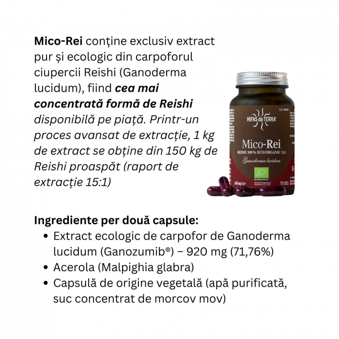 Mico-Rei 70 capsule, Hifas da Terra, extract 15:1 Ganoderma lucidum ECO, benefic pentru somn şi echilibru emoțional, antiinflamator natural [6]