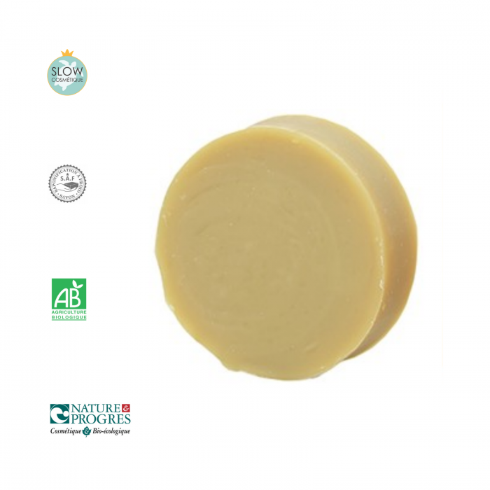 Şampon solid prelucrat la rece 110 g, cu 30% lapte de măgăriţă organic, ulei de ricin, fără miros, pentru scalpul sensibil, pentru femeile care alăptează şi pentru copiii mici – produs în Franţa [1]