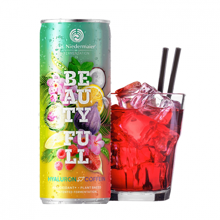 Beauty Full® 250 ml, Dr. Niedermaier, băutură răcoritoare antioxidantă, conţine un concentrat fermentat în cascadă, cofeină, acid hialuronic vegetal, gust de fructe de pădure [4]