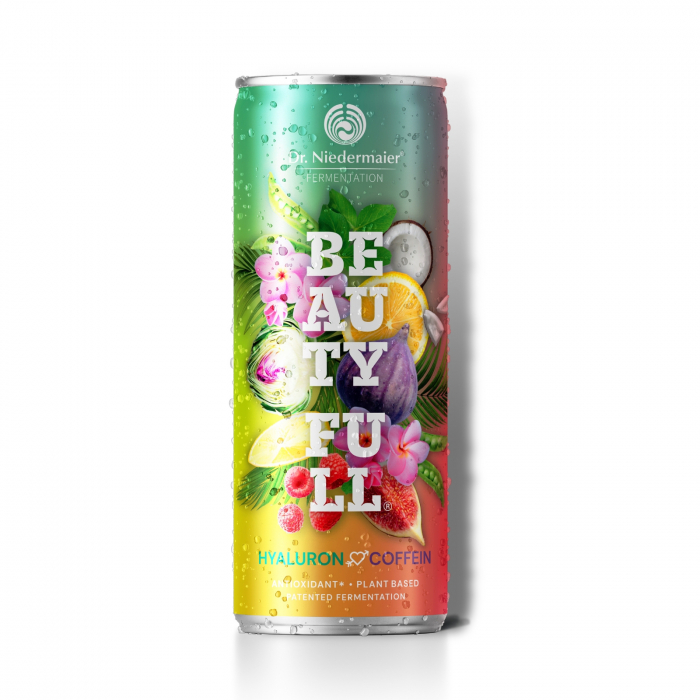 Beauty Full® 250 ml, Dr. Niedermaier, băutură răcoritoare antioxidantă, conţine un concentrat fermentat în cascadă, cofeină, acid hialuronic vegetal, gust de fructe de pădure [1]