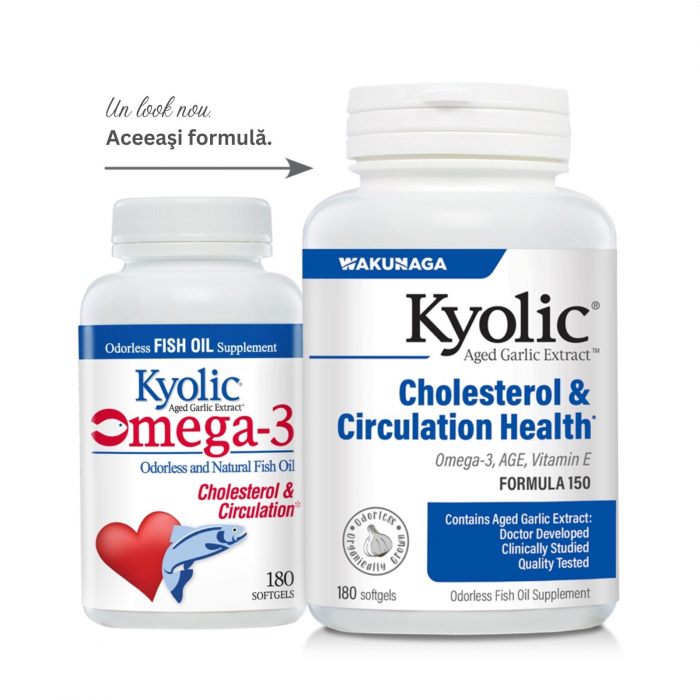 Kyolic® Formula 150, 90 capsule, susţine sănătatea sistemului circulator, conţine extract de usturoi maturat, vitamina E, omega 3 EPAX® (DHA, EPA) [1]