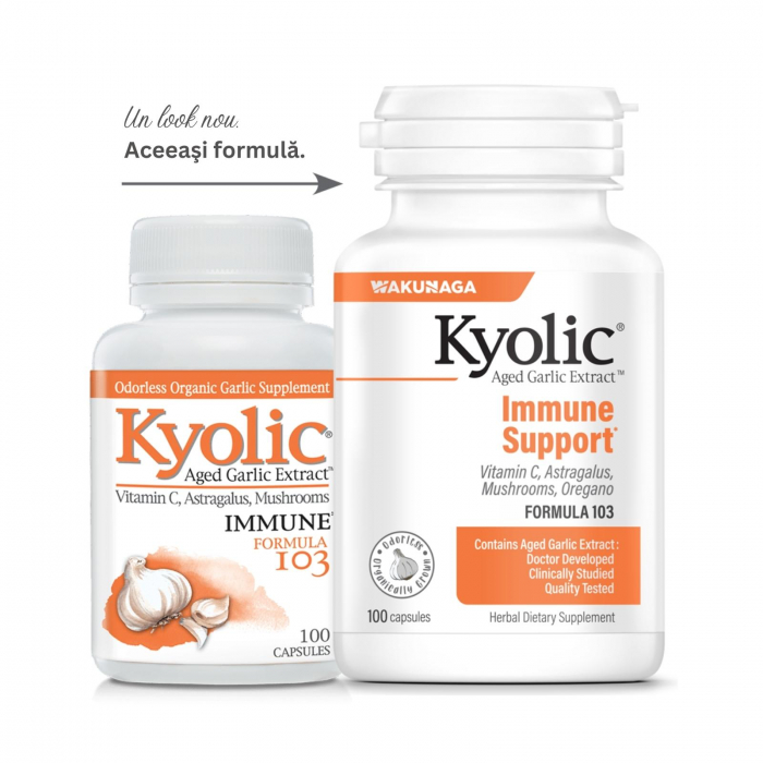 Kyolic® Immune Formula 103, 100 capsule, pentru sistemul imunitar, conţine extract de usturoi maturat, ciuperci, vitamina C, astragalus, oregano [1]