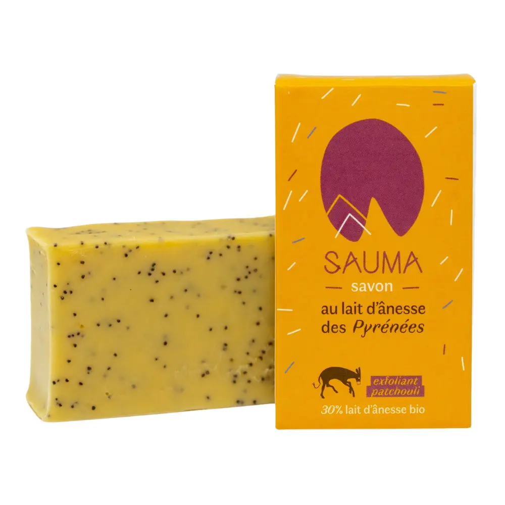 Săpun solid exfoliant prelucrat la rece 100 g, cu 30% lapte de măgăriţă organic, ulei de cânepă, lavandă, patchouli, seminţe de mac, pentru piele normală şi uscată - fabricat în Franţa [1]