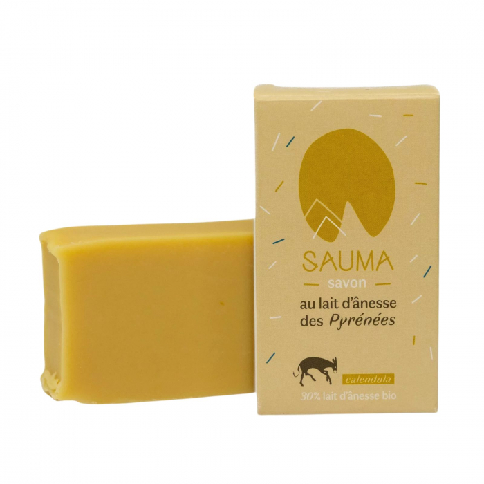 Săpun handmade 100 g, prelucrat la rece, cu 30% lapte de măgăriţă organic, ulei din sâmburi de caise, macerat de gălbenele, ideal pentru pielea sensibilă şi pentru copii - fabricat în Franţa [1]