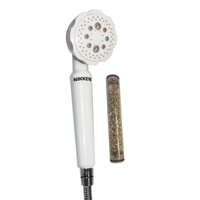 PiMag MicroJet®, Nikken, sistem duş de filtrare a apei, include un cartuş filtrant şi furtun din oţel inoxidabil [2]