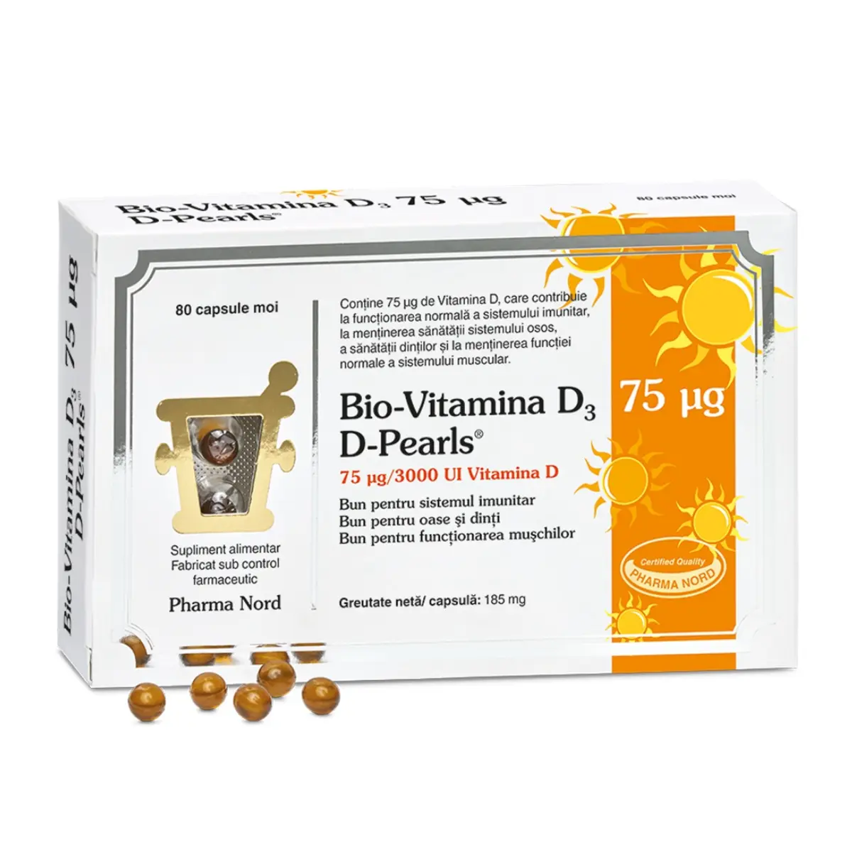 Suplimente nutritive - Vitamina D3 D-Pearls 3000 UI , Pharma Nord, 80 capsule cu 75 mcg colecalciferol per capsulă