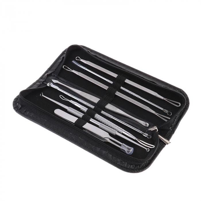 Trusa pentru extractia punctelor negre si a cosurilor, 8 piese, inox, husa din piele ecologica [2]