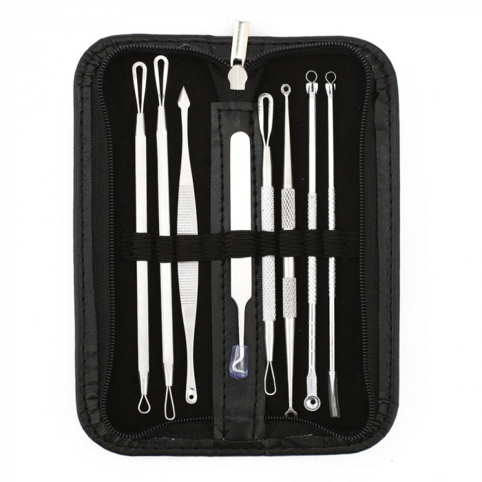 Trusa pentru extractia punctelor negre si a cosurilor, 8 piese, inox, husa din piele ecologica [3]