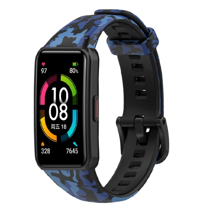 Curea silicon compatibila Huawei Band 6/ Honour Band 6 Smartwatch, Quick Release, Albastru Camuflaj [2]